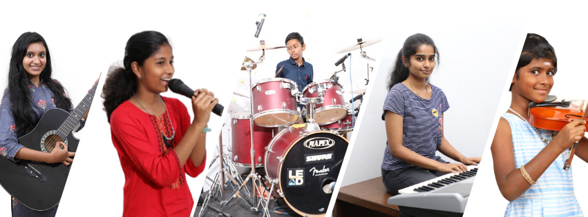 Students playing guitar, singing, drums, keyboard and violin